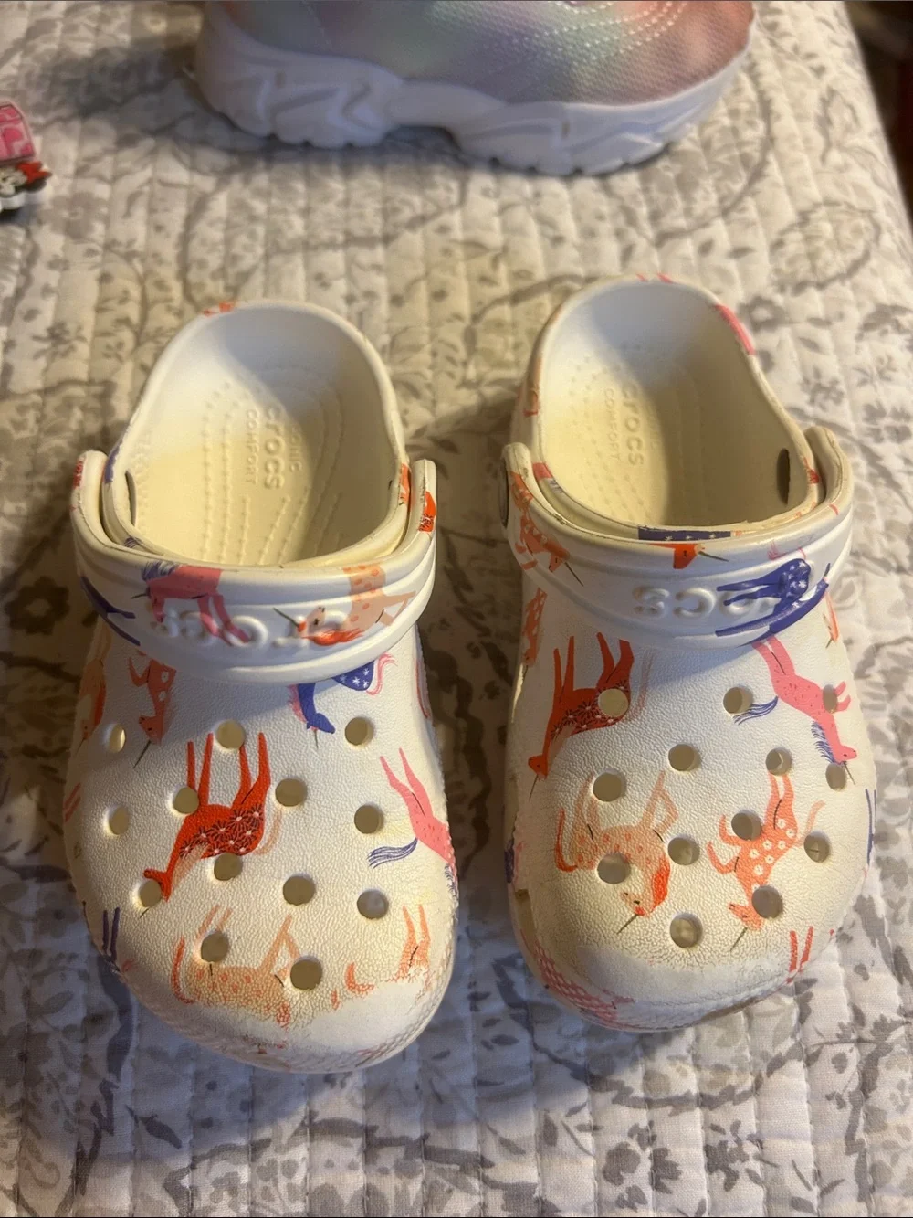 CROCS Kids White Clogs with Pink & Orange Deer Print